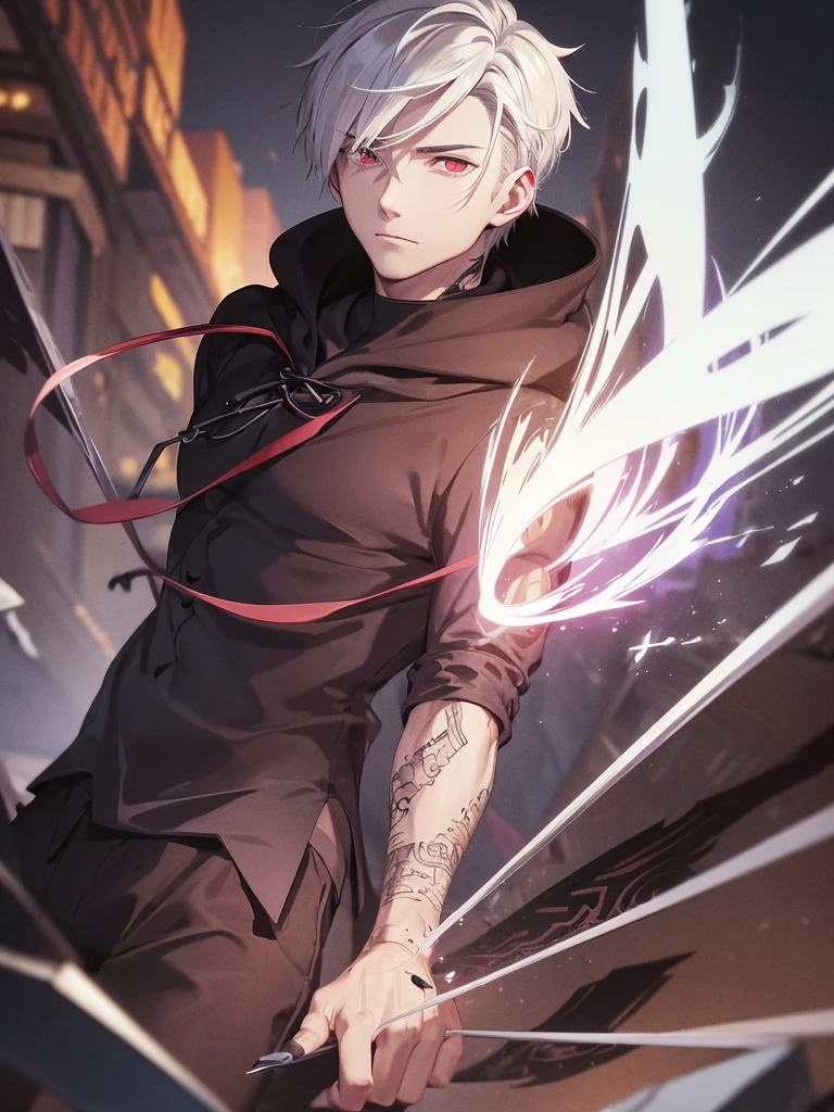 A front of a young man with white hair, red eyes and masculine face. Wearing a black hoodie with purple details. he is in a destroyed city, totally empty. Dungeons and Dragons art direction, studio ghibli Style, light brushstrokes