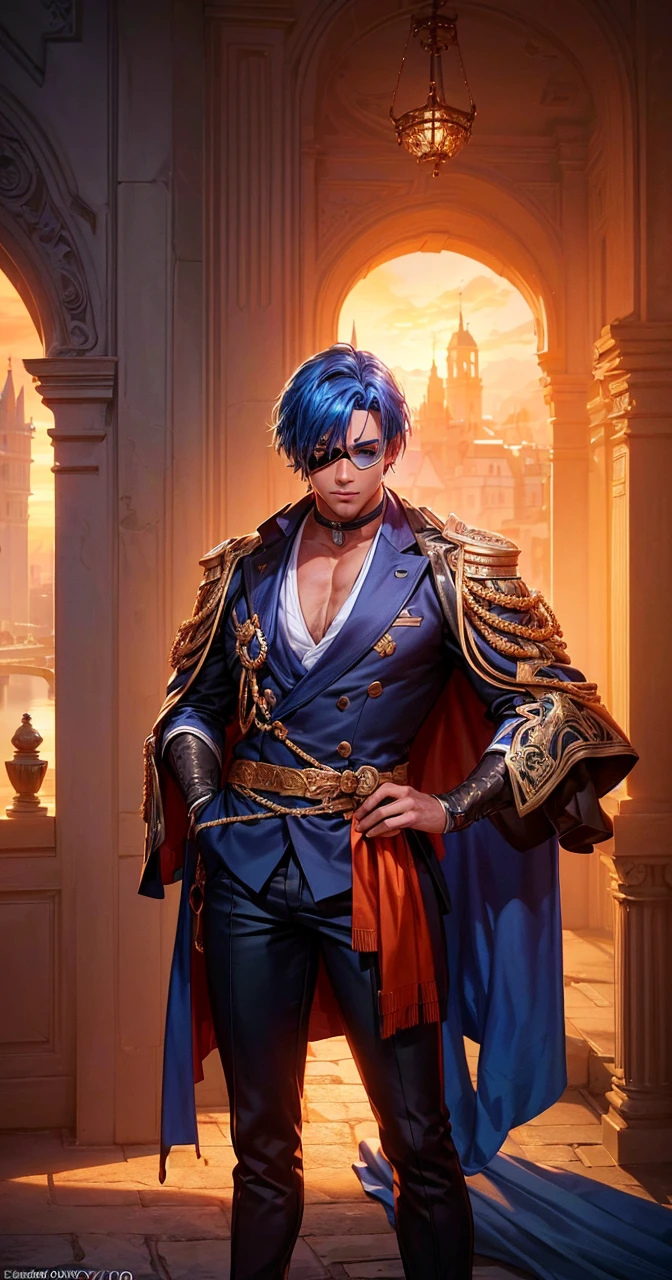 (1 male, young man, tan skin, eyepatch on right eye, blue hair), dramatic lighting, detailed, masterpiece, standing in front of the castle, sunset light, red and orange sunset tones, (best quality, 4k, 8k, highres, masterpiece:1.2), ultra-detailed, (realistic, photorealistic, photo-realistic:1.37)