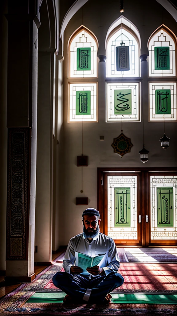 
A Muslim is sitting in a quiet and beautiful mosque. Next to him is money and an open piece of paper, apparently containing a list of debts that have been repaid. His facial expression was full of calm and gratitude. Warm light from the mosque windows illuminates the room, creating a peaceful spiritual atmosphere
