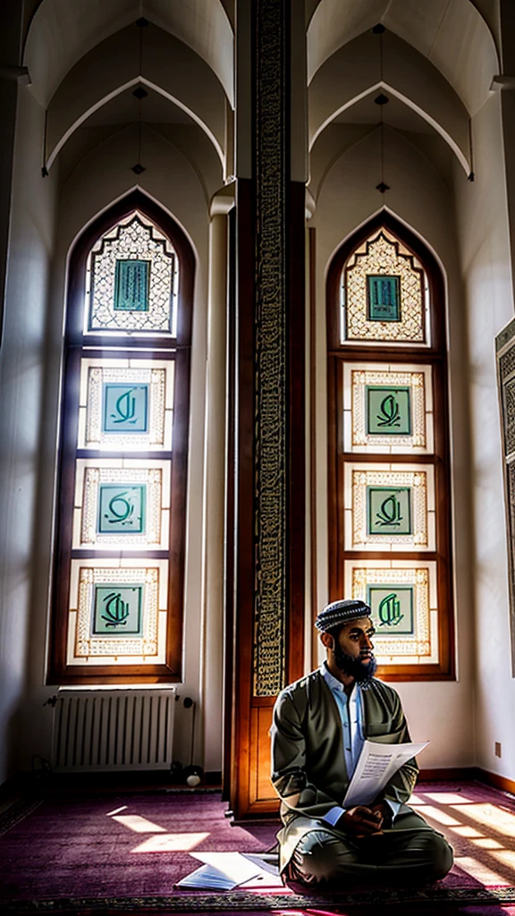 
A Muslim is sitting in a quiet and beautiful mosque. Next to him is money and an open piece of paper, apparently containing a list of debts that have been repaid. His facial expression was full of calm and gratitude. Warm light from the mosque windows illuminates the room, creating a peaceful spiritual atmosphere