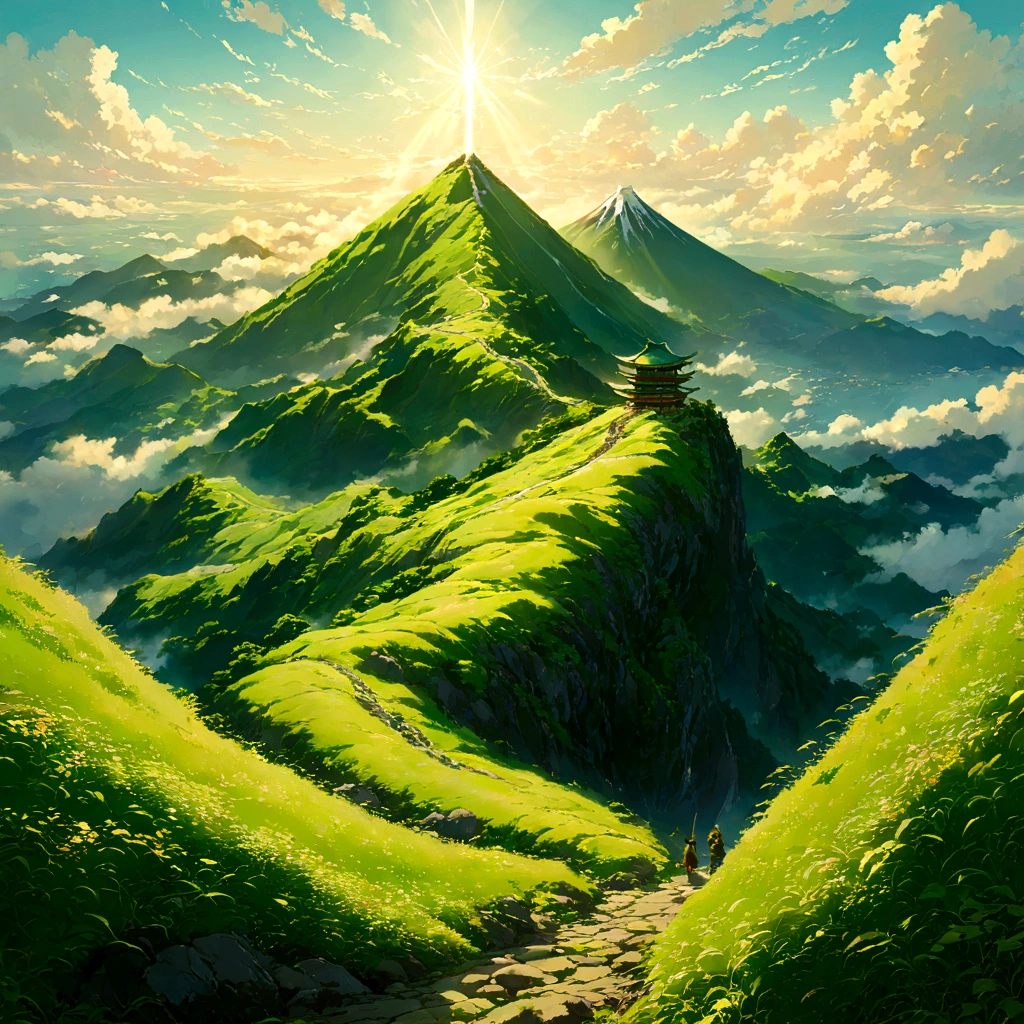 Under a clear, cloudless sky、日本の象徴である雄大なFuji Mountainがそびえ立つ。Near the summit、hugeな体を持つdragonが、Wrapped around leisurely。dragonの体は、深いgreenの鱗で覆われ、Goldの目が鋭く輝いている。Long beard fluttering in the wind、It looks like it&#39;s about to soar high into the sky、Powerful姿。dragonの巨体とFuji Mountainの雄大さが織りなす、荘厳でmysteriousな風景。美しいAnime Scenery, Landscape painting, Beautiful digital painting, Andreas Rocha, Beautiful artwork illustration, Awesome Wallpapers, Raymond Han, Tall beautiful paintings, Studio Ghibli Makoto Shinkai, Beautiful Wallpapers, Anime Scenery, Fuji Mountain, dragon, huge, green, Gold, Powerful, mysterious, Humans don't draw