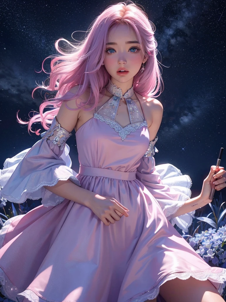 Girl on a starry blue background, Beautiful eyes, milk hair, pink dress