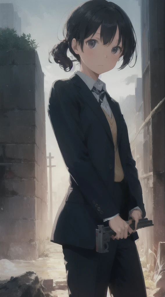 Highest quality, movie quality, scene on the verge of death, ruins, smoking, blood, coat, man (35 years old, tsuntsun head, black hair, coat in a suit, holding a gun in hand, lying on back), rain, fog