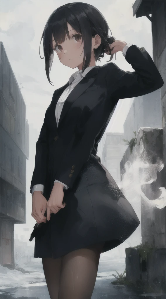 Highest quality, movie quality, scene on the verge of death, ruins, smoking, blood, coat, man (35 years old, tsuntsun head, black hair, coat in a suit, holding a gun in hand, lying on back), rain, fog