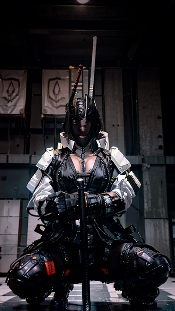 Surreal version of a woman kneeling down on one knee with sword in hand, very beautiful cyberpunk samurai,Sitting on one knee,Futuritic background,  cyberpunk anime art, cyberpunk samurai, cyberpunk city anime art, cyberpunk anime, cgsociety 9, digital cyberpunk anime art, style of maciej kuciara .1girl, samurai armor, devil mask helmet, intricate, detailed ornaments, cold colors, metallic, Egyptian details, details very complex, realistic lighting, trending on social cgs, glowing eyes, facing camera, neon details, surreal details, full body portrait, Japanese atmosphere, lighting global, shadow, octane rendering, 8k, super sharp lolita.((Best quality)), ((masterpiece)), (details:1.4), 3D, image of a female cyberpunk beautiful,HDR (High Dynamic Range),Beam Range,NVIDIA RTX,Ultra High Resolution,Unreal 5,Subsurface Scattering,PBR Textures,Post-processing,Anisotropic Filtering,Depth of Field, Maximum clarity and sharpness, Multi-layer textures, Albedo and Reflection maps, Surface shadows, Accurate simulation of light-material interaction, Perfect scaling, Octane rendering, Two-tone lighting Color, Wide Aperture, Low ISO, White Balance, Rule of Thirds, 8K RAW,