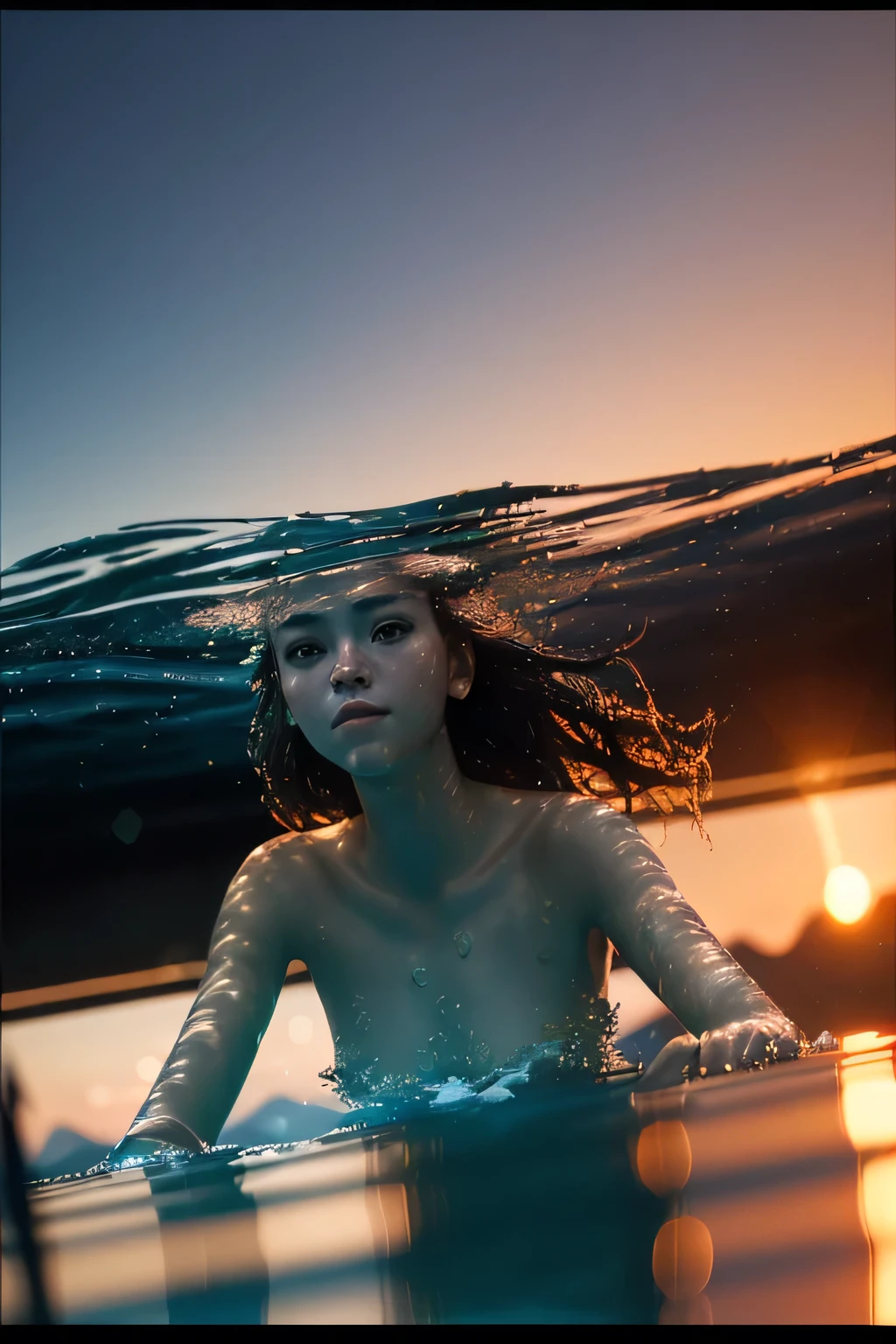 (masterpiece), (very complicated: 1.3), (realistic), portrait of a girl, swimming underwater, (dynamic perspective), the most beautiful in the world, (naked), reflection satin, outdoor, bright sun, distant plant group, stunning female professional photo details, sharp focus, dramatic, awards history, cinematic lighting, Octane Rendering Unreal Engine, dtx volumetry, (film grain, background blur shot, foreground blur, Bokeh, depth of written boundaries, sunset, motion blur: 1.3), (wet hair: 0.8),

