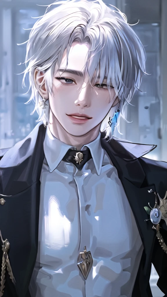 anime boy with white hair and black jacket , boy with white hair, detailed portrait of anime girl, from the front line of boy, semirealistic anime style, amazing anime face portrait, beautiful anime portrait, perfect white haired boy , fine details. girl front line, realistic anime art style, made with anime painter studio, portrait anime boy, anime realism style, white haired,ยิ้ม,ยืนเต็มตัว,เห็นทั้งตัว