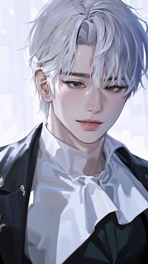 anime boy with white hair and black jacket , boy with white hair, detailed portrait of anime girl, from the front line of boy, semirealistic anime style, amazing anime face portrait, beautiful anime portrait, perfect white haired boy , fine details. girl front line, realistic anime art style, made with anime painter studio, portrait anime boy, anime realism style, white haired,ยิ้ม,ยืนเต็มตัว,เห็นทั้งตัว
