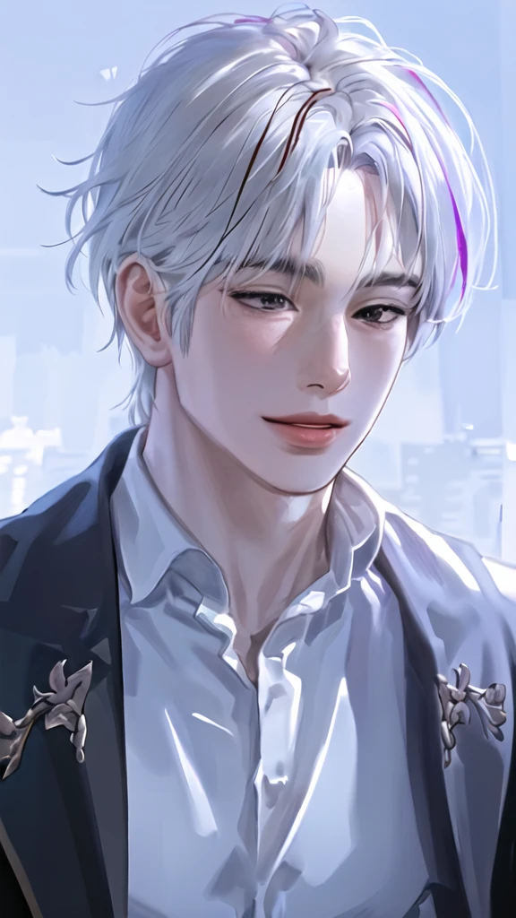 anime boy with white hair and black jacket , boy with white hair, detailed portrait of anime girl, from the front line of boy, semirealistic anime style, amazing anime face portrait, beautiful anime portrait, perfect white haired boy , fine details. girl front line, realistic anime art style, made with anime painter studio, portrait anime boy, anime realism style, white haired,ยิ้ม,ยืนเต็มตัว,เห็นทั้งตัว
