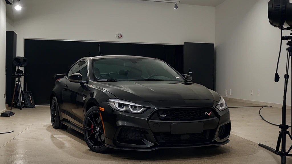 black sports car, modern, minimalistic, in a studio, front view