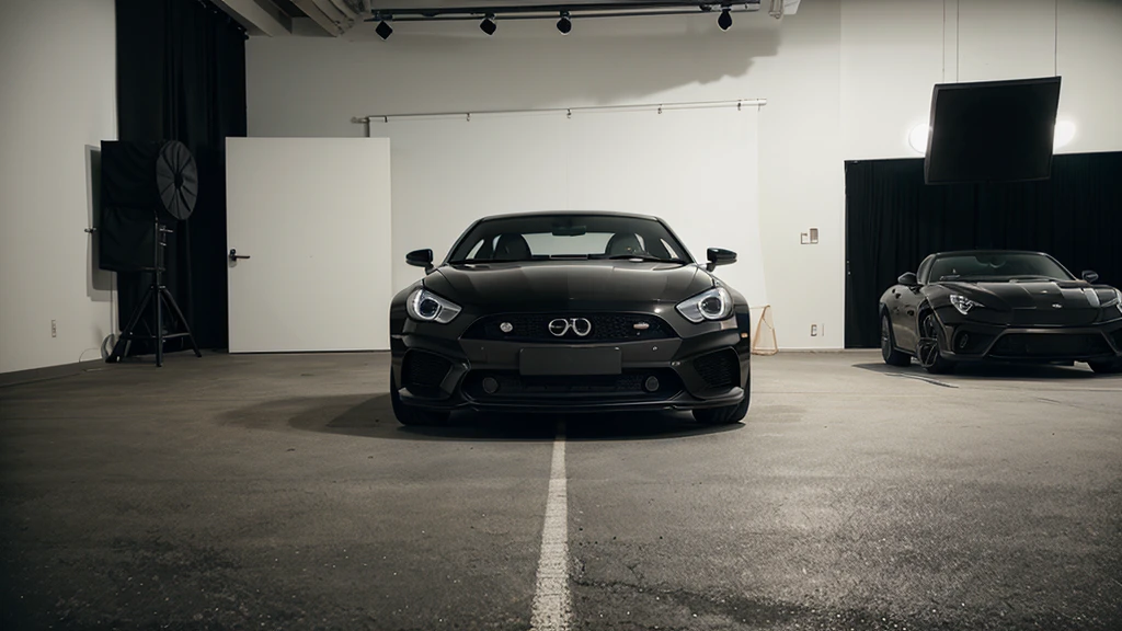 black sports car, modern, minimalistic, in a studio, front view