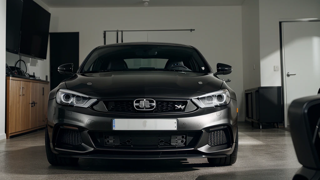 black sports car, modern, minimalistic, in a studio, front view