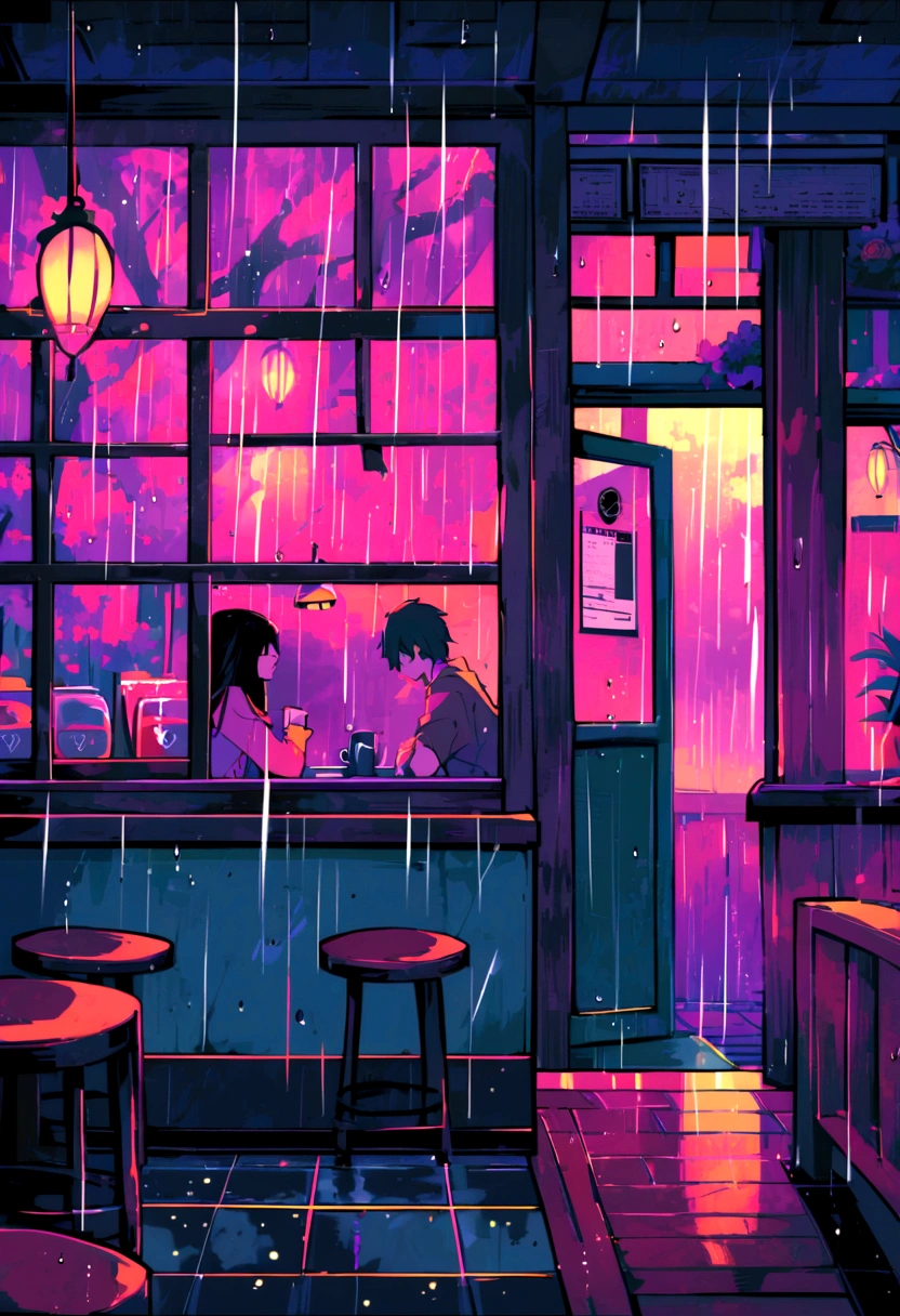 Inside the coffee shop, rain, Highest quality 