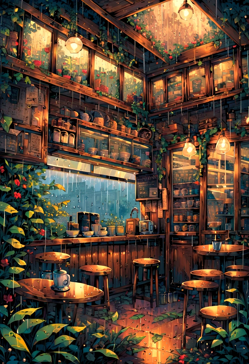 Inside the coffee shop, rain, Highest quality 