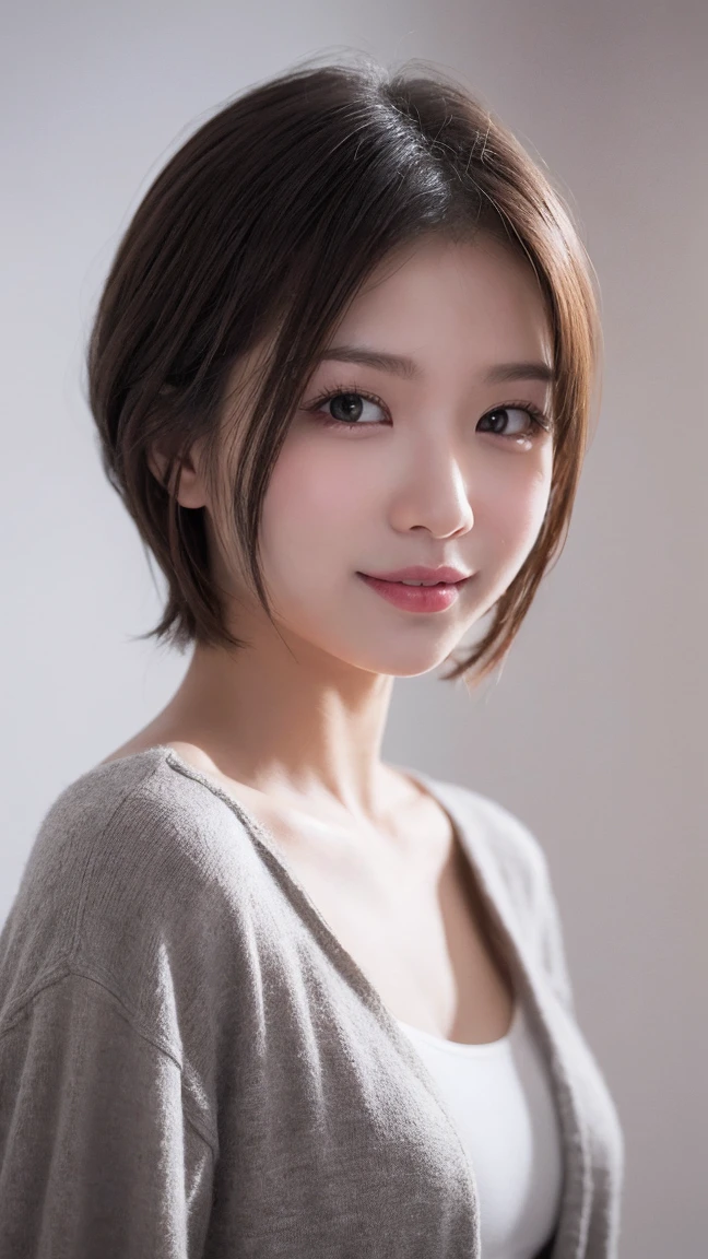 One Girl, (Wear trendy fashion:1.2), (RAW Photos, Highest quality), (Realistic, Realistic:1.4), Tabletop, Very delicate and beautiful, Very detailed, 2k wallpaper, wonderful, In detail, Very detailedな CG Unity 8K 壁紙, Very detailedな, High resolution, Soft Light, Beautiful detailed girl, Looking into the camera、Very detailedな目と顔, Beautiful and sophisticated nose, Beautiful details, short hair, small, Grey clothes、White Background、Background is white、Cinema Lighting, Perfect Anatomy, Glamour, smile,
