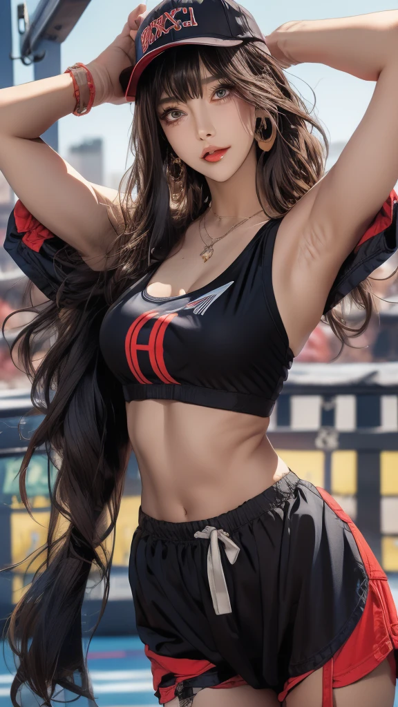 masterpiece, highest quality, pixiv, cool girl, the strongest sports girl, basketball, Popular Characters, baseball cap, Stylish sunglasses, Cute bra and panties, dark brown hair, curly hair, dull bangs, straight bangs, color contact lens eyes, gal, Improve、Heavy Big Tits、