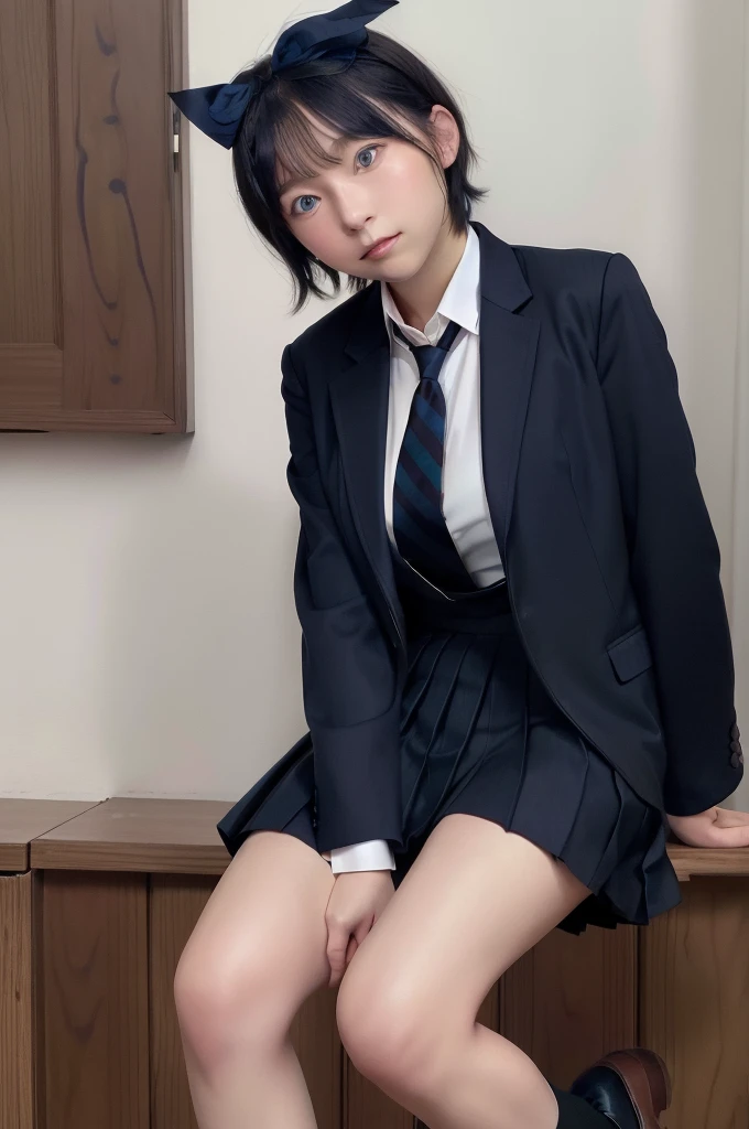 masterpiece, Highest quality, High resolution, One girl, alone, Brown footwear, skirt, Jacket, shirt, blue eyes, white shirt, tie, green tie, Black Hair, pleated skirt, shoes下, diagonal-Striped tie, open Jacket, Open clothes, Striped tie, shoes, collared shirt, loafers, black Jacket, black skirt, Striped, blazer, short hair, Long sleeve, bangs, , black shoes下, Diagonal stripes, hair band, hair ribbon, ribbon, blue hair band, dress shirt, bow,  