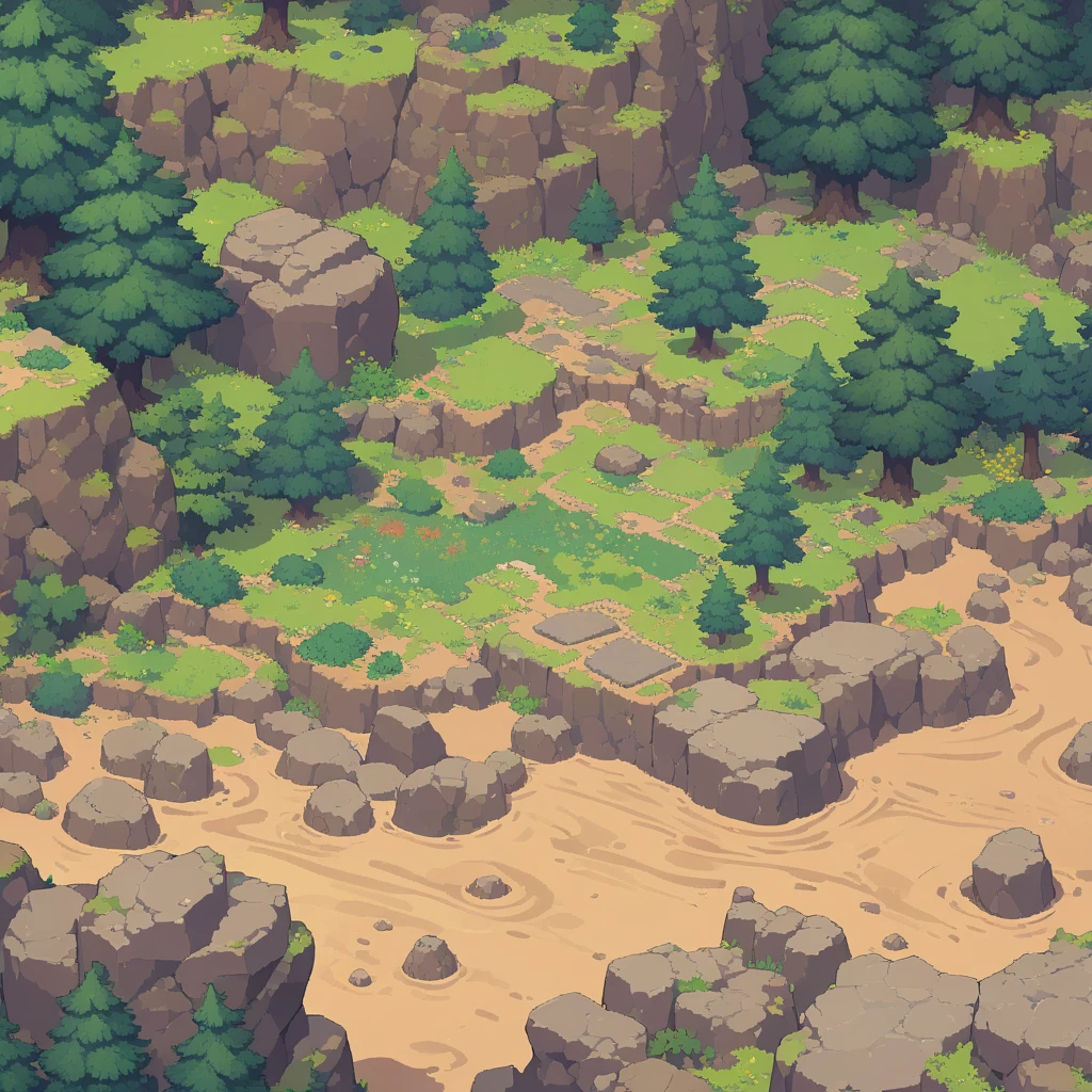 retro video game style,pixelated, vibrant pastel colors,8-bit characters,blocky shapes,sharp lines,detailed shading,classic gaming vibe,nostalgic atmosphere,classic arcade games,masterpiece:1.2,ultra-detailed,illustration style, 2d texture, stone texture, 4 k seamless mud texture, video game texture, dirt texture, tileset, game tiles, grass, trees, rock texture, detailed trees, topdown view, game texture, game art, tileable texture, very detailed cliff texture, intricate stones, top down view, 3/4th perspective