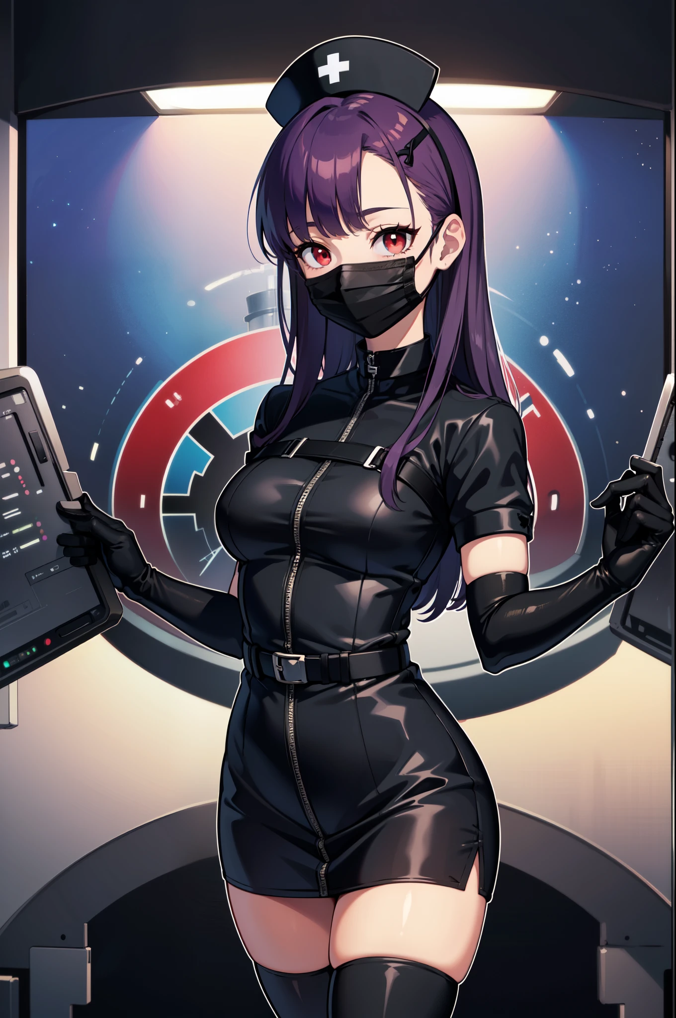black nurse, 1woman, solo, black nurse cap, black nurse uniform, ((black legwear, zettai ryouiki)), black elbow gloves, long hair, purple hair, red eyes, ((black surgical mask, covered nose)), standing, ((surgery room)), sharp outline, short sleeves, mature female, 35 years old, best quality, masterpiece