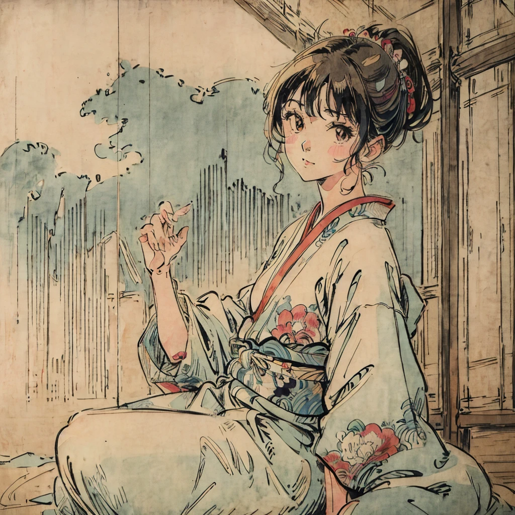 Illustration Style、Showa anime、ukiyo-e、((girl))、Tokyo、Soft Touch、((Modern))、winter、High resolution, samba, latina,Rainy night,Tokyo,Asia