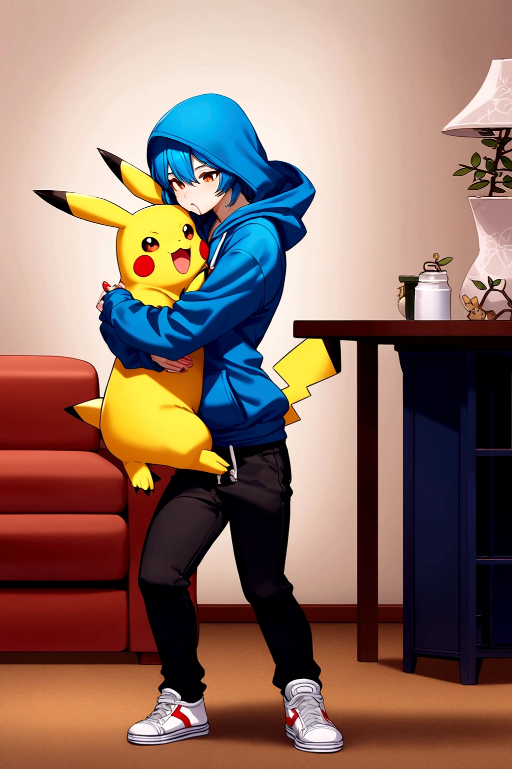 Pikachu wearing a hoodie, black pants and white shoes eating with humans at home