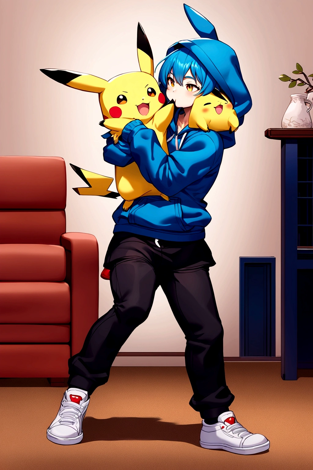 Pikachu wearing a hoodie, black pants and white shoes eating with humans at home