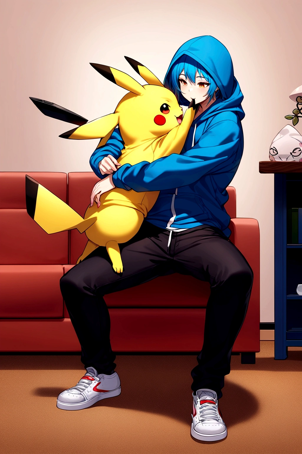 Pikachu wearing a hoodie, black pants and white shoes eating with humans at home