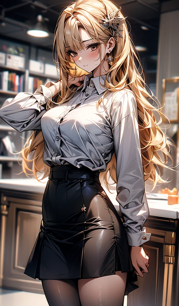 (masterpiece, Highest品質:1.2), One Woman,Are standing_Split,
Brown eyes, blonde hair ornaments,Long Hair,Big Breasts,Check skirt, , White shirt, Highest,underwear,