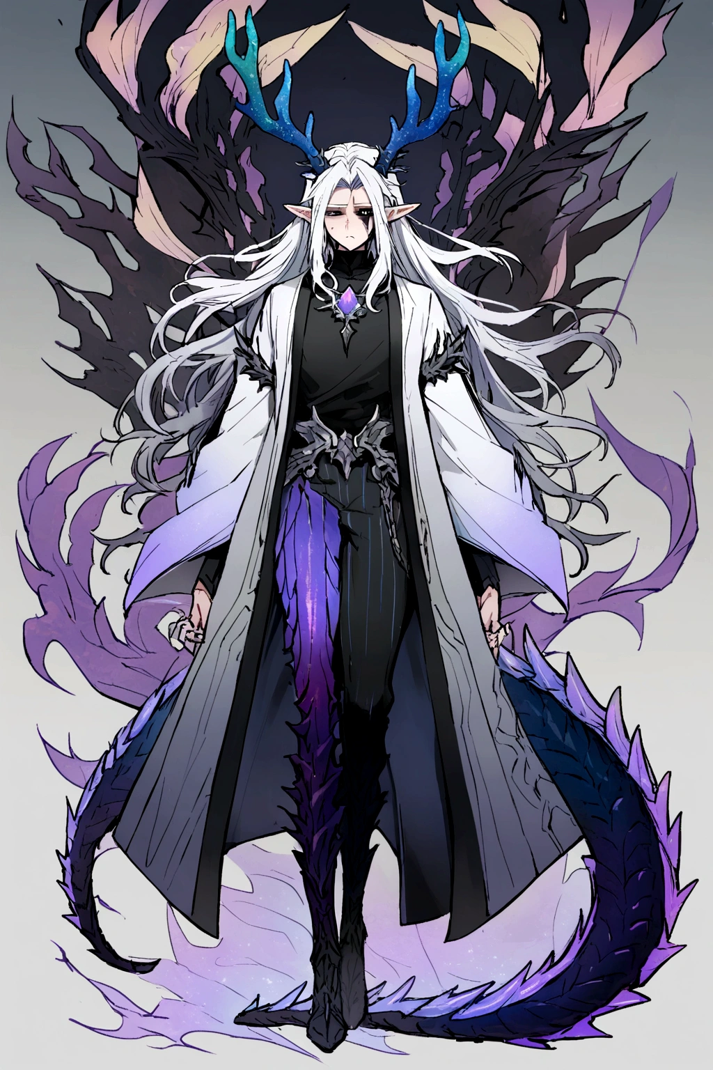 Solo, male teen, Character fusion: Nibelung fused with nidhoggr, odin and sun wukong, tall tanned man with wild unruly white hair, bangs on face, bangs, ((iridescent irises)), black sclera on eyes, long voluminous hair, spiky hair, pointy ears, fit , clawed fingers, dragon tail, open haori, turtleneck tanktop, dark crystal antlers, exhausted expression, khaenr'ah abyss, draconic person, calamity incarnate,  full body