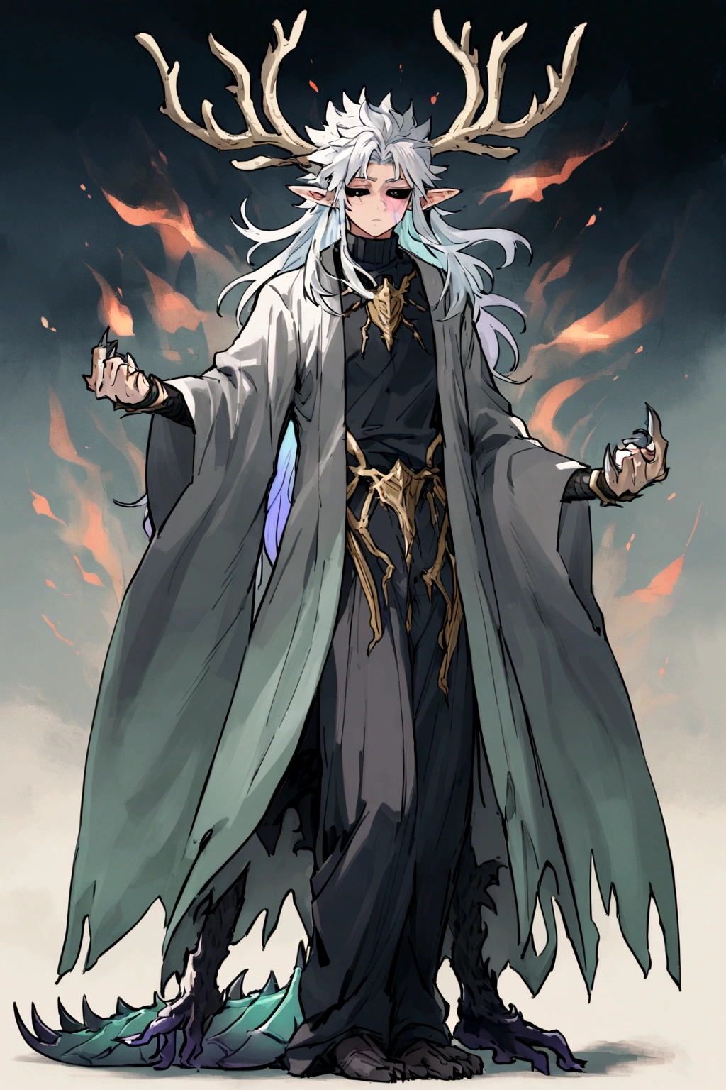 Solo, male , Character fusion: Nibelung fused with nidhoggr, odin and sun wukong, tall tanned man with wild unruly white hair, bangs on face, bangs, ((iridescent irises)), black sclera on eyes, long voluminous hair, spiky hair, pointy ears, fit , clawed fingers, dragon tail, open haori, turtleneck tanktop, dark crystal antlers, exhausted expression, khaenr'ah abyss, draconic person, calamity incarnate, full body