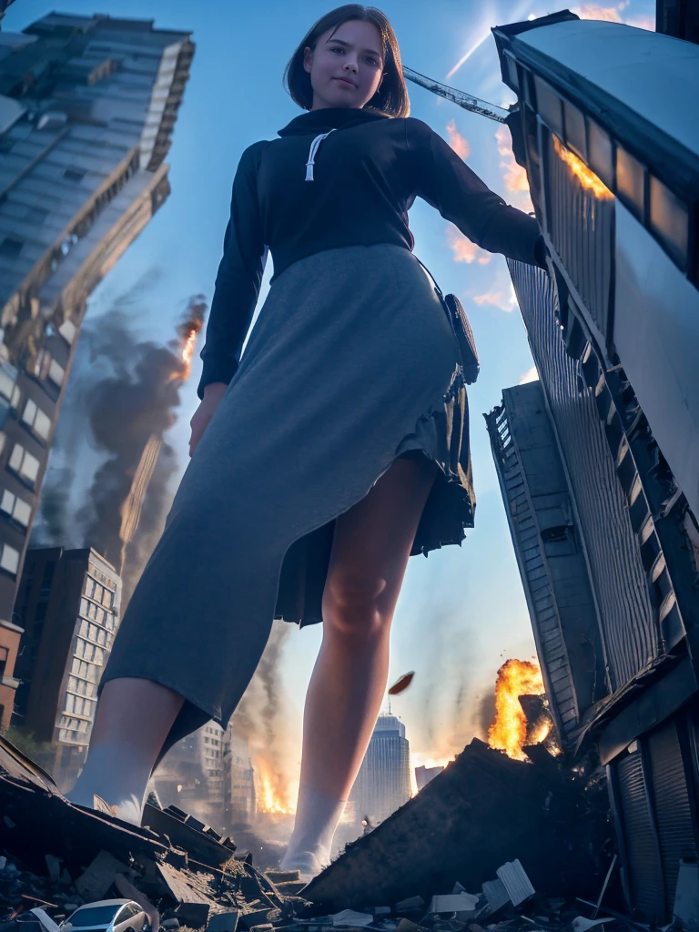 (Giantess Elements、High resolution、High resolution、high quality、Accurate body structure、Detailed body) Towering Giant Girl,50,000 feet high、Looking up at the approaching woman from below、Giants attack the city、Cute blonde woman、Destroy a small town淫乱な女性、Destroy a small town、Mischievous look、high school girl、White shirt、Check skirt、ribbon、White skin、Giantess、smile、Trampling buildings、rubble、Burning Small Town、Destroyed small building、Collapsed highway、Cars are crushed、Evacuating residents、sunset、Burning Small Town、go ahead、walk、Trampling、Anatomically correct、Accurate human body、Accurate skeleton、Full body portrait、blue eyes、足元に散らばるrubble、Higher than skyscrapers、Big impact、amazing、Giantess Elements、Draw a woman in a big way、Increase the destructive element、Make the city smaller
