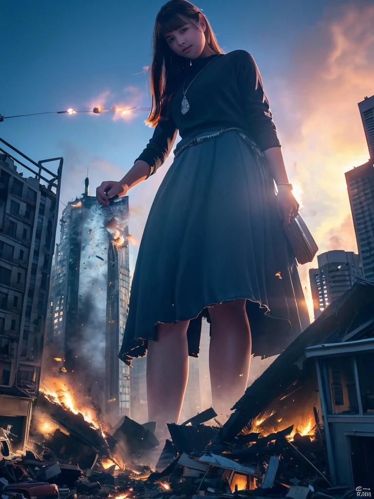 (Giantess Elements、High resolution、High resolution、high quality、Accurate body structure、Detailed body) Towering Giant Girl,50,000 feet high、Looking up at the approaching woman from below、Giants attack the city、Cute blonde woman、Destroy a small town淫乱な女性、Destroy a small town、Mischievous look、high school girl、White shirt、Check skirt、ribbon、White skin、Giantess、smile、Trampling buildings、rubble、Burning Small Town、Destroyed small building、Collapsed highway、Cars are crushed、Evacuating residents、sunset、Burning Small Town、go ahead、walk、Trampling、Anatomically correct、Accurate human body、Accurate skeleton、Full body portrait、blue eyes、足元に散らばるrubble、Higher than skyscrapers、Big impact、amazing、Giantess Elements、Draw a woman in a big way、Increase the destructive element、Make the city smaller