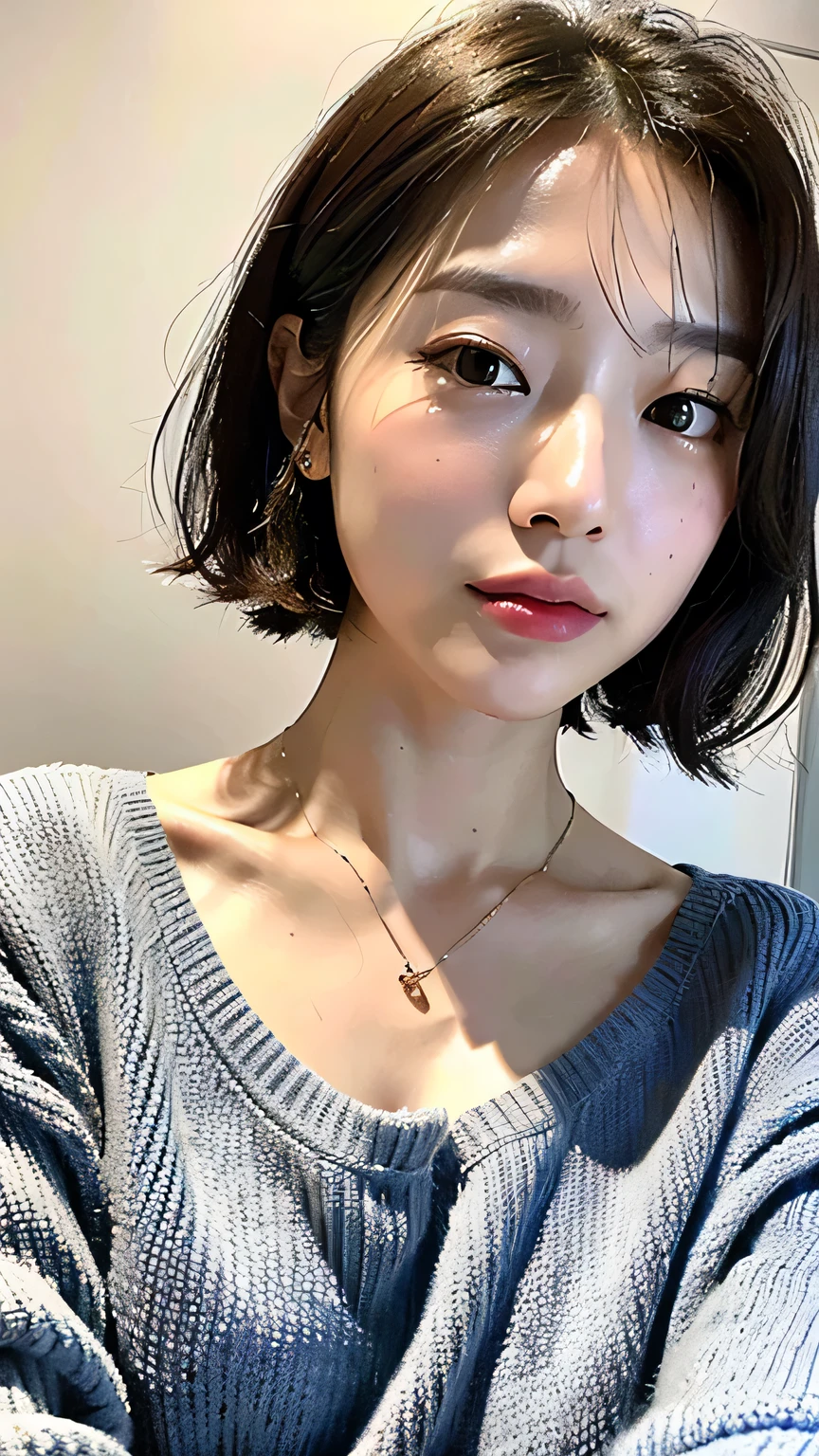 hight resolution、​masterpiece、1girl in、Bjorf、A dark-haired、short hair with long locks、white hairband、Look up、Kamimei、bending forward、smile、Bring your face closer、Red Eyes、Gold Earrings、Jewelry、off shoulders、Red Sweater、long-sleeve, big breast.