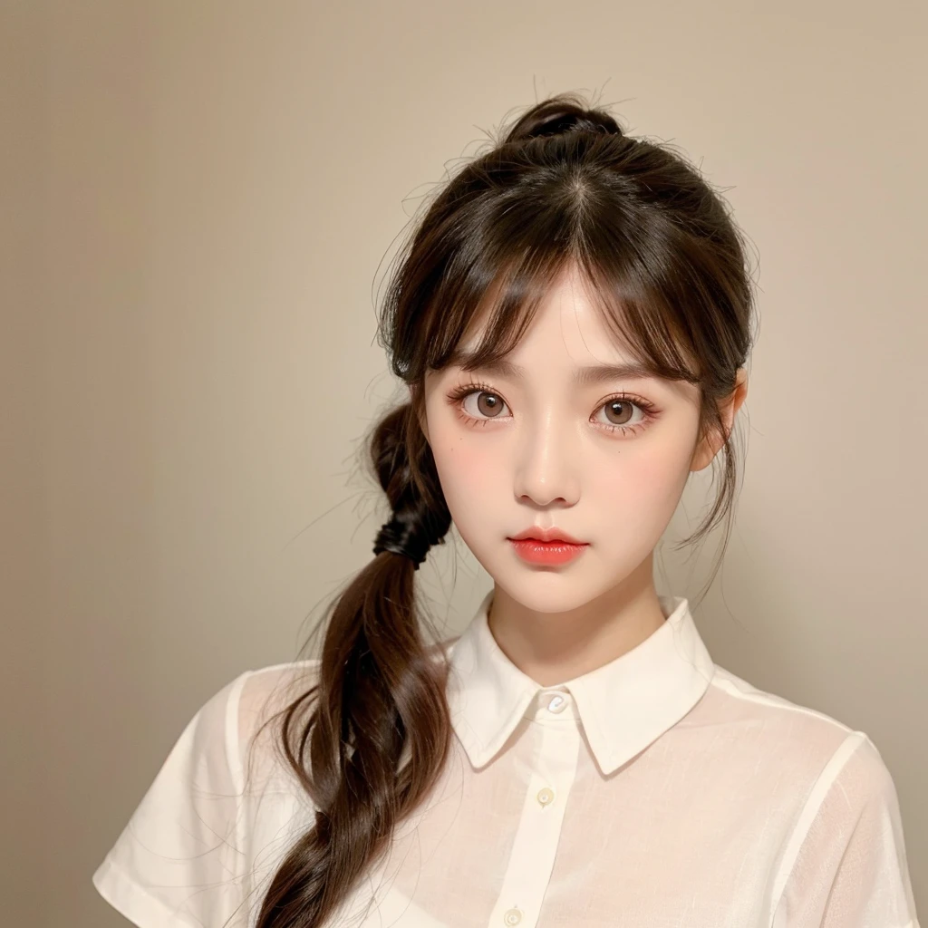 Temperamental girl、Delicate facial features、Brown ponytail、Messy Hair、The hair is very realistic、Wearing a short-sleeved white shirt、thin red lips、Big eyes、double eyelid、Bright Eyes、Symmetrical face、The face is very realistic、blush、Extremely realistic skin、Clothing with real fabric texture