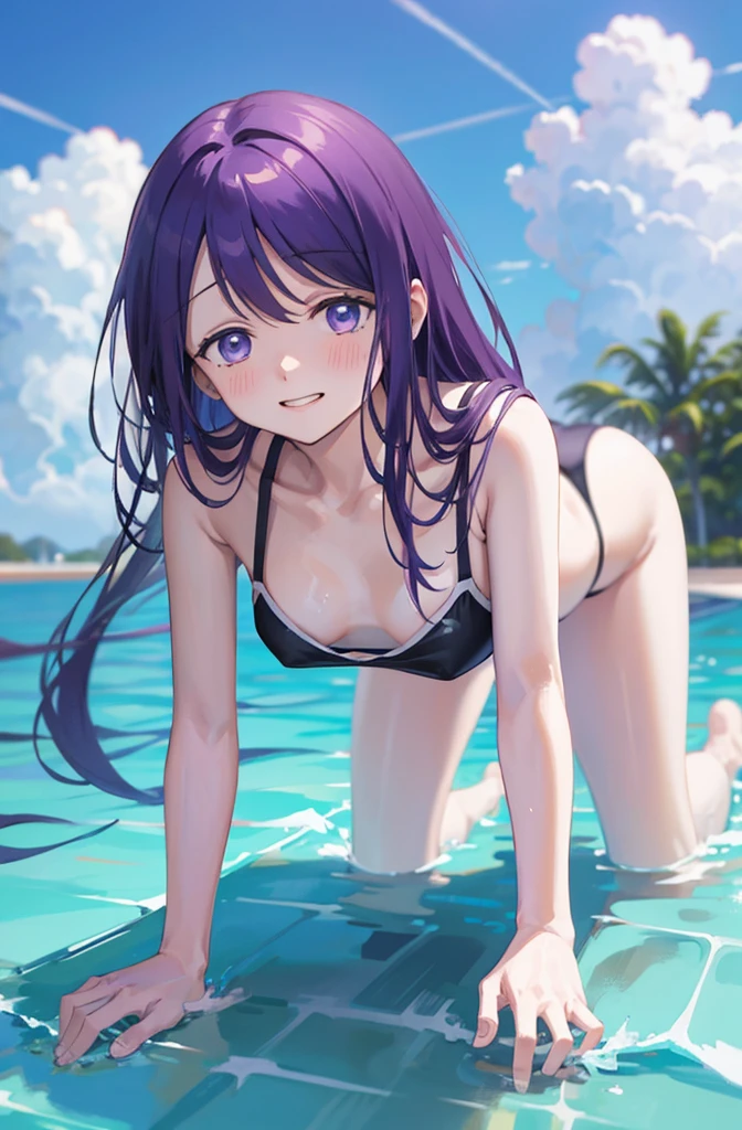 grinning、Sneer、Random pose、crawl on all fours、crawl on all fours、swimsuit、Small breasts、、Light purple hair、Semi-long hair、Pale purple eyes、Blushing、Small breasts、Small breasts、Black Bikini、lipstick、Perfect hands、Detailed hands、Poolサイド、Pool、one-piece swimsuit, strap slip、backwards、、backwards