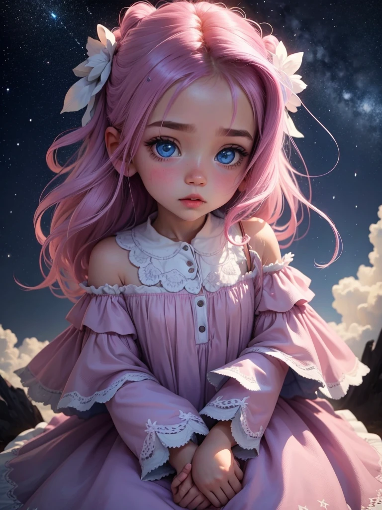 (8k high quality), (2d high quality), (high anime quality), (6 yrs old beautiful young girl), (beautiful face), (shining, short pink hair), (galaxy blue eyes, almond shape eyes), (shining smooth skin), (beautiful thin eyebrow), (beautiful wristwatch), (beautiful silver necklace with heart pendant), (beautiful white school uniform)