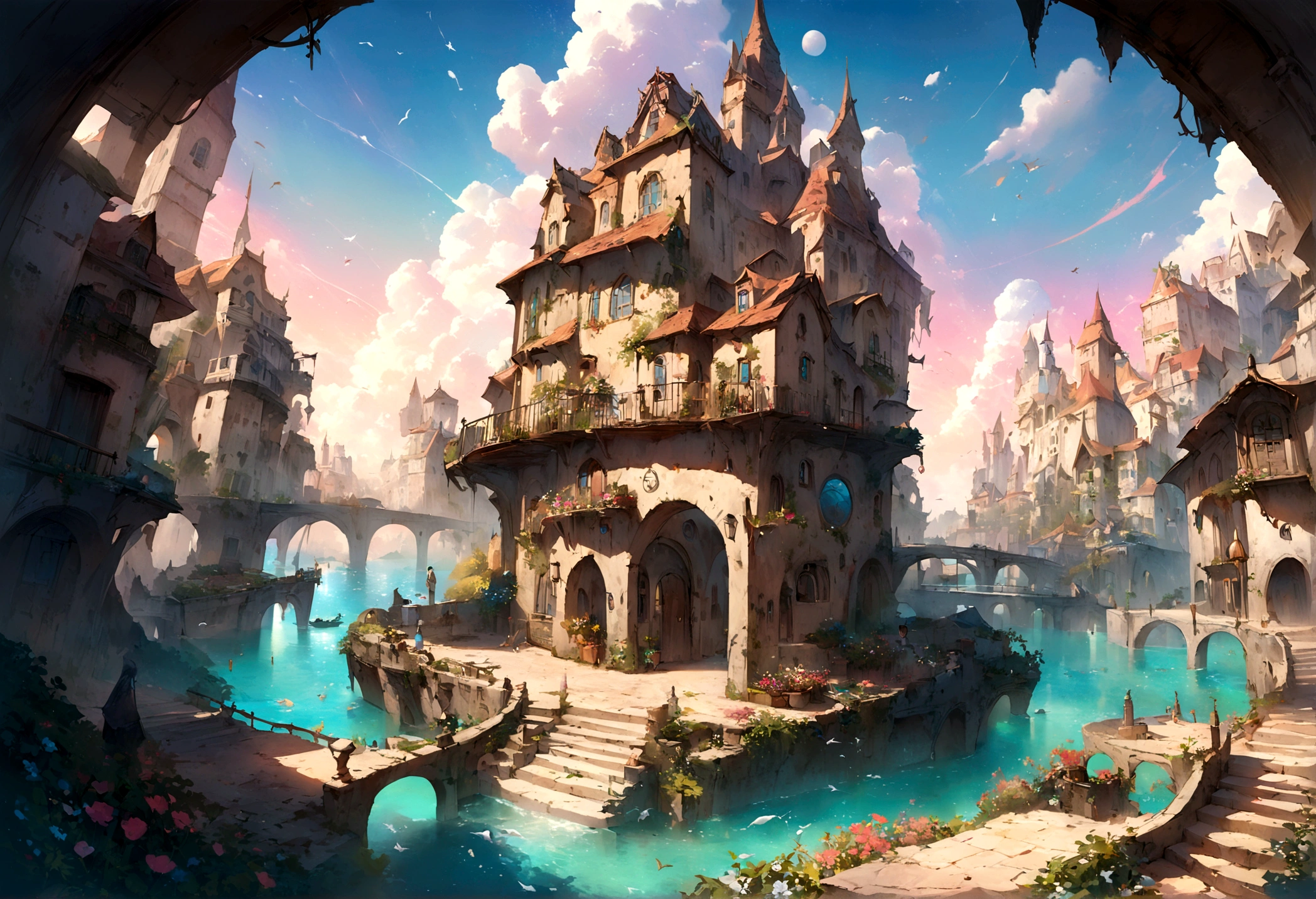 color (Dream Story: 1.2), (Hayao Miyazaki style), (irregular buildings, Things that float on the sea), Patchwork hat, Floral decoration, Light, Concept drawing inspired by Andreas Rocha, Artstation Contest Winners, Dream Story-Kunst, (an underwater city), Ross Tran, Lightシャフト, Realistic lighting, masterpiece, high quality, Beautiful graphics, High level of detail, masterpiece, high quality, Beautiful graphics, High level of detail, --v6