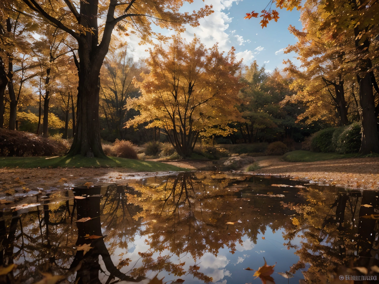 Wallpaper, standing autumn, maple leaves, trees, sky, white clouds, HD detail, wet watermark, hyperdetail, film, surrealism, soft light, deep field focus bokeh, ray tracing, diffusion (ultra-fine glass reflection) and surrealism.