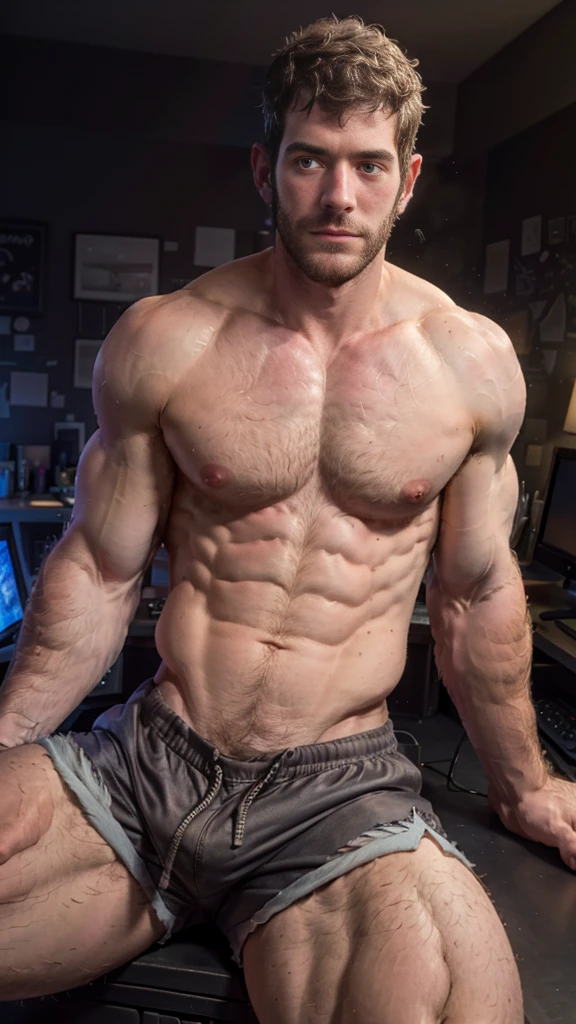 Masterpiece, denoise, void noise, one man, best quality, 8k resolution, male focus, focus only, amazing composition, volumetric lighting, super quality, elegant, Very detailed, front view, facing viewer, -----------, 35 years old, mature face, muscular, Caucasian, (((white skin, pale skin))), handsome, (detailed light-blue eyes), ((black hair, messy medium hairstyle)), big ears, (black hairy pectorals, thick plenty chest and body hair), (medium long beard), (((((Jim Sturgess mixed with Russell Tovey))))), (((big pink nipples, perky nipples))), ------------, ((((Detailed shorts)))), (((shirtless))), (((dark room))), (((sitting in front of viewer legs open)))