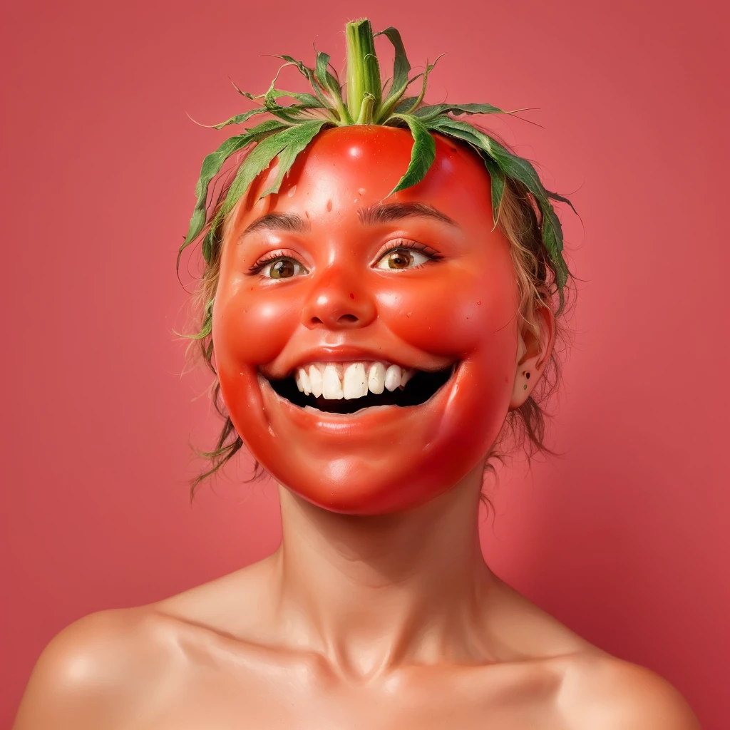 there is a woman with a tomato mask on her head, tomato monster, tomato, tom hanks tomato face, forest gump tomato body, also tomato, blushd, photographyalexey gurylev, made of food, blush, Red cheeks, David's Church, Inspired by Martin Schoeller, The picture on the right shows half of a happy face, Strange illustration