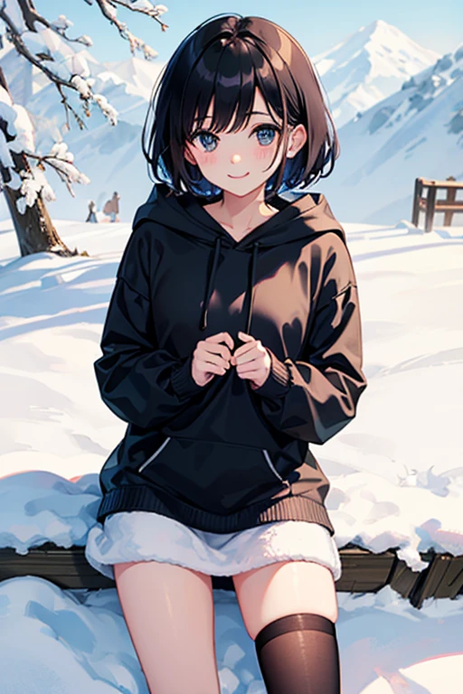 Black Hair、black eye、short hair、girl、、cute、high school student、Fluffy hoodie、winter、Snow Mountain、A shy smile、Small breasts、Legs in black stockings