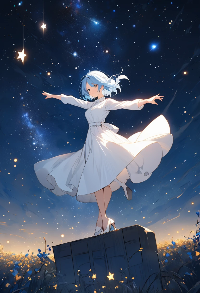 Character (adult woman) (light blue hair) (white dress-style clothing) (character in dynamic pose) (full body in frame) (starry night sky background)