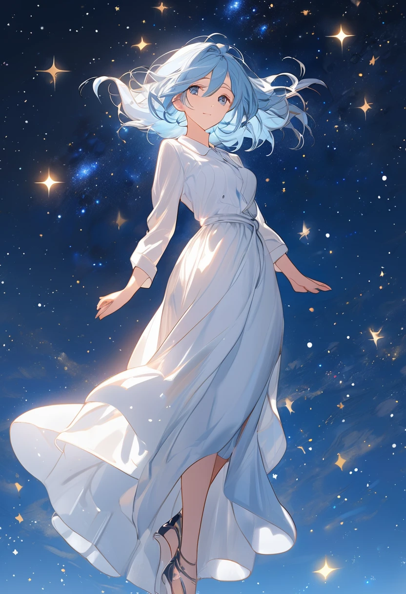 Character (adult woman) (light blue hair) (white dress-style clothing) (character in dynamic pose) (full body in frame) (starry night sky background)