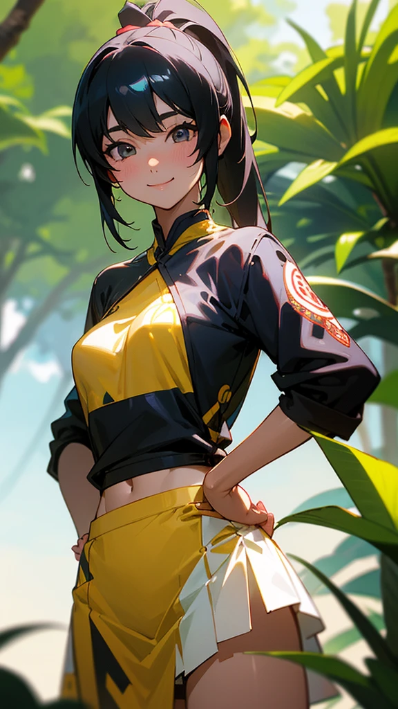 (masterpiece, best quality), best resolution, (2heads:1.5), anime girl with two heads, anime catgirl with two heads, cat ears, black hair, long hair, short hair, different hair lengths, brown eyes, asking "Which one of us is running first?" as a joke, giggling, smiling, pointing at herself, yellow tracksuit, casual pose, waist up shot, athletic track, athletic field