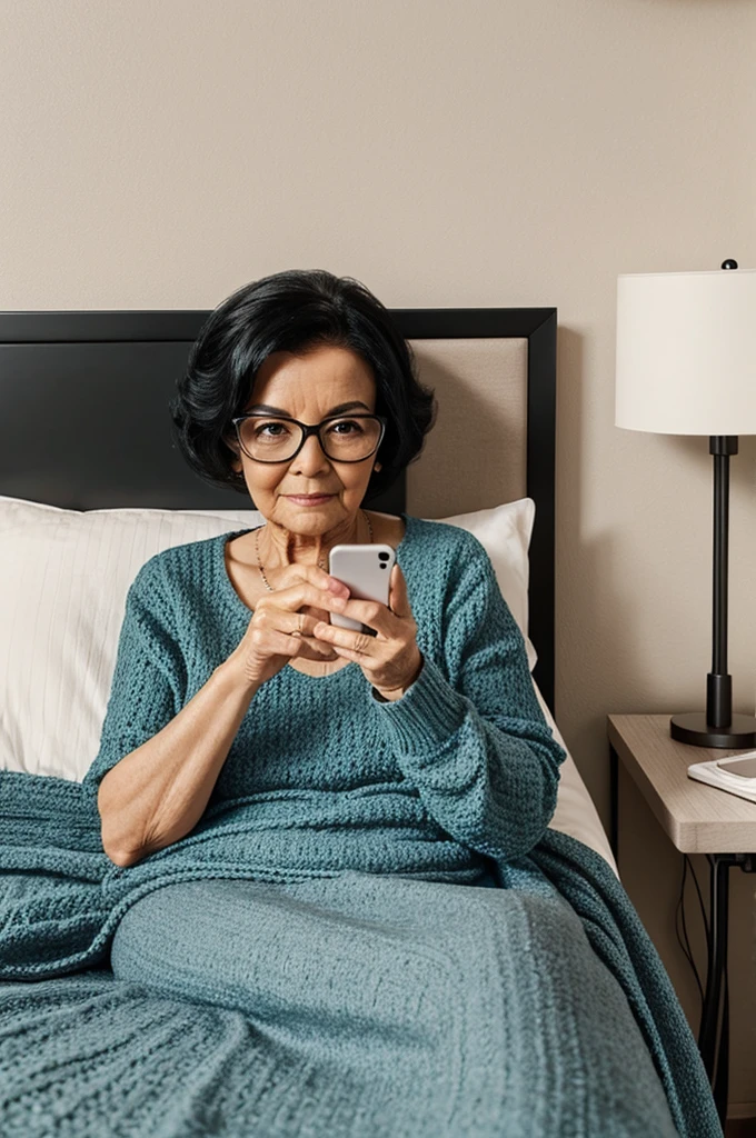 Create a granny with black hair lying watching the phone in bed with square glasses and saying good morning 