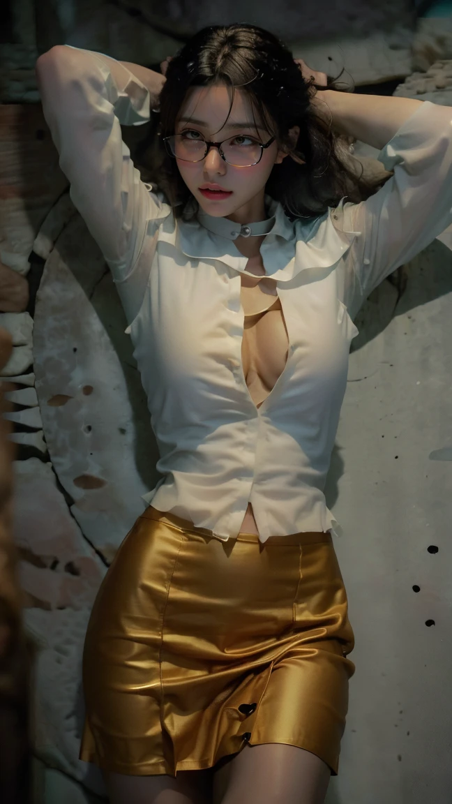 (Highest quality),Tabletop,8K,Ultra-high resolution,Best image quality,One beautiful woman、(White polyester sleeveless),(Blouse with buttoned collar:1.3),(Elegant black tight skirt:1.1),(Big Breasts:1.2),(Elegant round glasses:1.2),(優雅にstand:1.1),(Strongly blurred background:1.1),stand,lipstick,Long eyelashes,Heavy makeup,Perfect Makeup,Colored contact lenses,Accentuate your body lines,Big ample breasts,soft and warm lighting,(Ultra-high resolutionの正確な美しい髪:1.1),(Accurate anatomy:1.2),Ultra-high definition beautiful eyes,(Super bright and radiant skin:1.1),Staring at me with a blank look,topless,In underwear,Beautiful nipples
