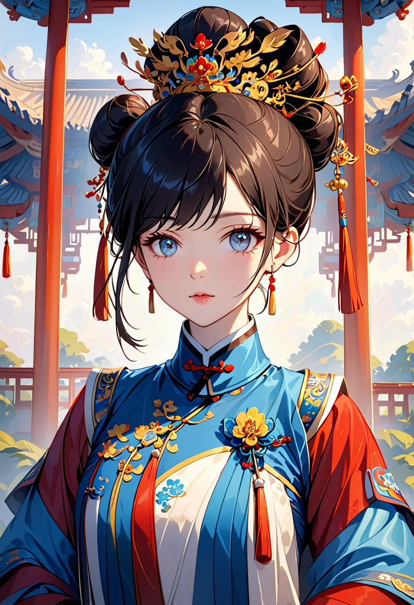 Solemn girl portrait,Round Face,Elegant and luxurious,Wealth,Gorgeous clothing,Chinese Qing dynasty costume,Selfish,Chinese Emperor,High bun,Gorgeous crown,tassel,palace,Clean background