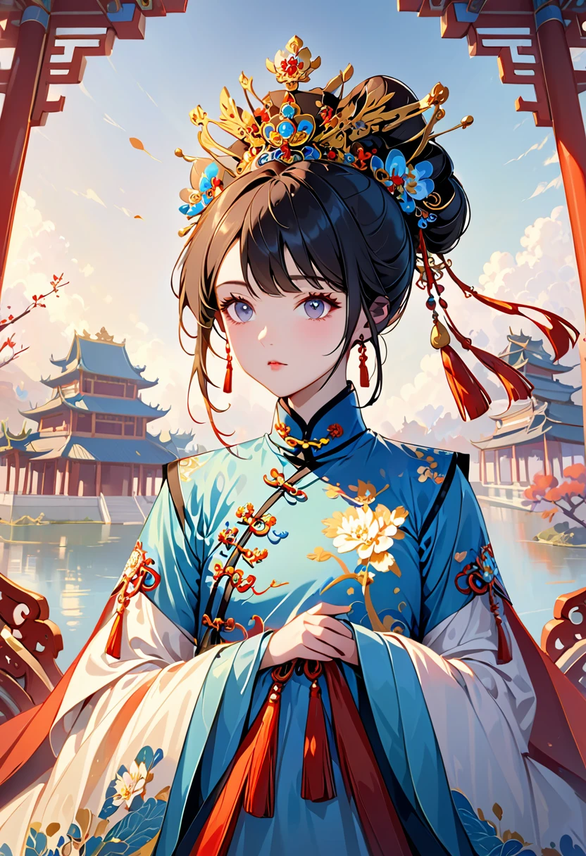 Solemn girl portrait，Round Face，Elegant and luxurious，Wealth，Gorgeous clothing，Chinese Qing dynasty costume,Selfish,Chinese Emperor，High bun，Gorgeous crown，tassel，palace，Clean background