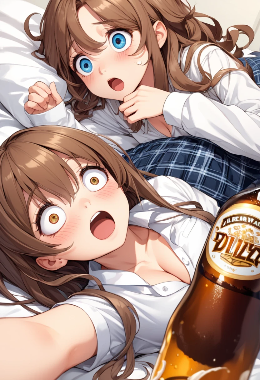detailed illustration, dynamic angle, ultra-detailed, illustration, 1girl, 18 year old, school girl, wavy brown hair, long hair, bright brown eyes, hearts, white shirt, blue plaid skirt, cleavage, flush, blush, arousal, laying on bed, drunk, dizzy, swirl eyes, wide eyes, open mouth, confused, wide eyes, shocked eyes, amazed eyes, beer bottle