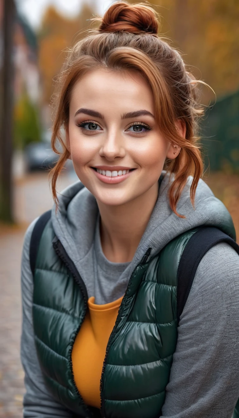 ultrarealistic high quality full body photo of a beautiful busty slim european 25-year-old woman with cute hyperdetailed shy face and natural redhead messy bun hair and shy smile , realistic round hazel eyes, natural lips, dark eye makeup with eyeliner, wearing casual hoodie with shiny puffer vest and latex leggins, hourglass body, outdoor photography, tanned
